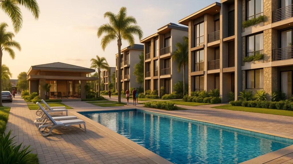 Render 3D de la zona residencial en Vía Samborondón km 1–5, con edificios modernos, piscina, palmeras y luz dorada al atardecer