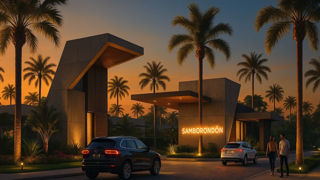 Render 3D de la entrada de una urbanización moderna en Samborondón al atardecer, con palmeras, autos y luz dorada