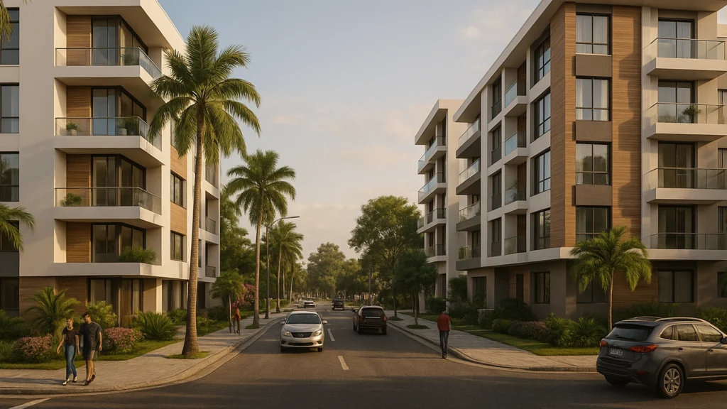 Arquitectura moderna en Santo Domingo de los Tsáchilas, Ecuador, con edificios residenciales, autos y personas en un entorno tropical urbano