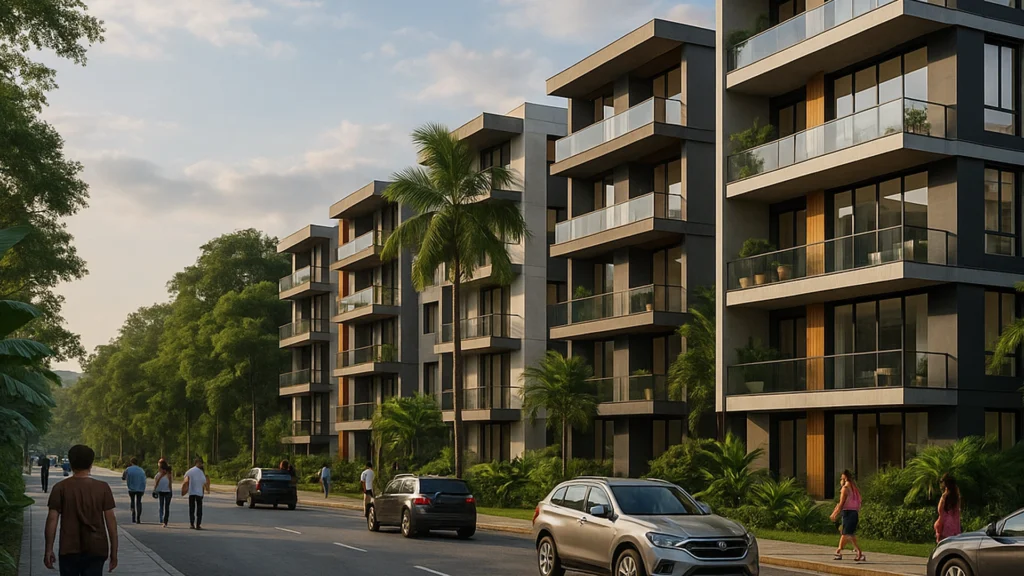 Urbanización moderna en Sucumbíos, Ecuador, con personas y autos en un entorno amazónico contemporáneo