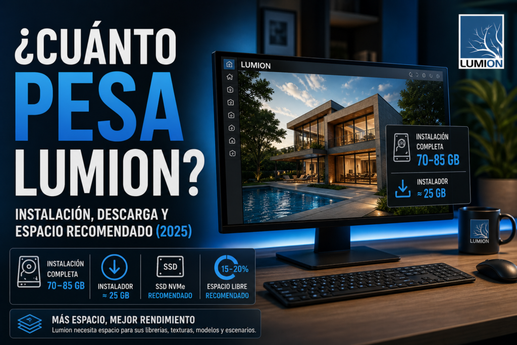 Cuánto pesa Lumion mostrando instalación y espacio requerido en disco con render arquitectónico en pantalla y entorno de trabajo moderno