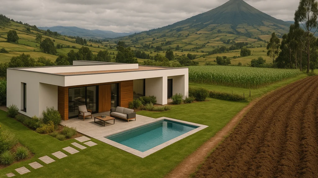 Render 3D de casa moderna en Atahualpa, Quito, rodeada de naturaleza y paisaje rural.