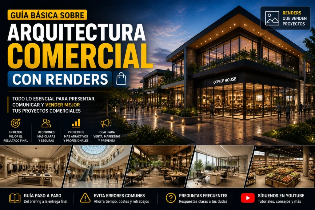 Guía básica de arquitectura comercial con renders mostrando edificio moderno iluminado y espacios comerciales para presentación y venta de proyectos