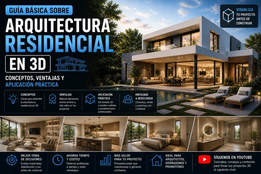 Arquitectura residencial en 3D con vivienda moderna renderizada mostrando diseño, iluminación y aplicación práctica en proyectos reales