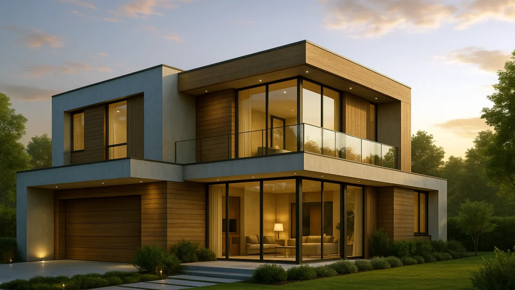 Render exterior de una vivienda moderna en arquitectura residencial 3D con iluminación premium