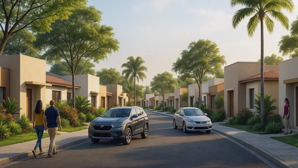 Render 3D de urbanización moderna en Balzar, Ecuador con adultos y coches