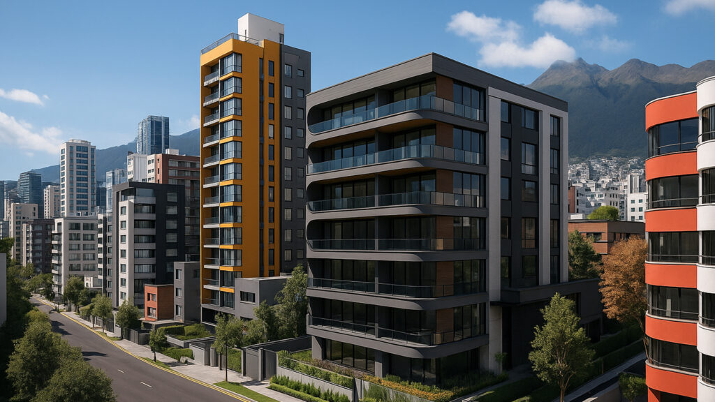 Render 3D de Bellavista en Quito con edificios modernos, arquitectura residencial premium y vista a la montaña