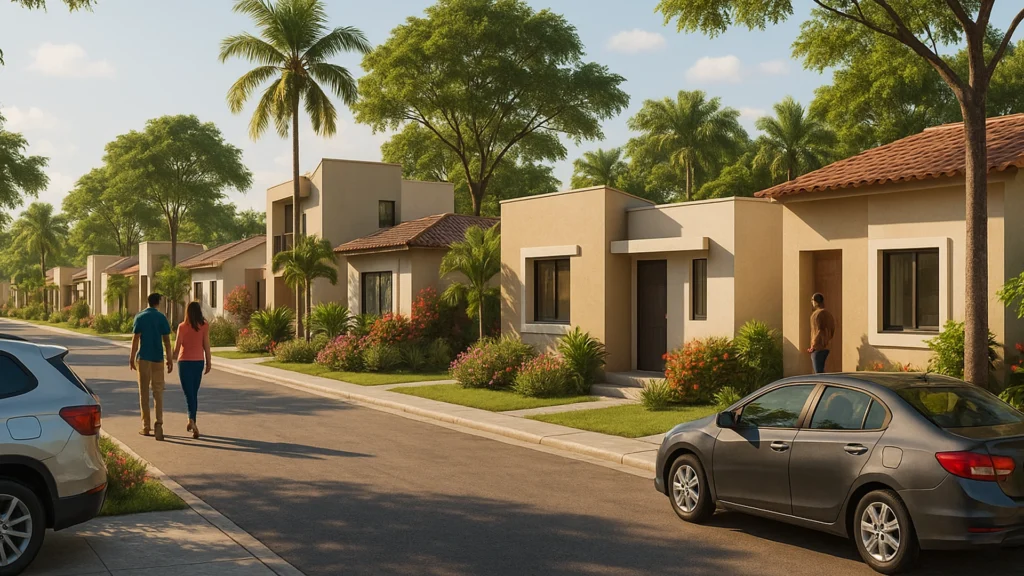 Render 3D de urbanización moderna en Colimes, Ecuador con adultos y coches