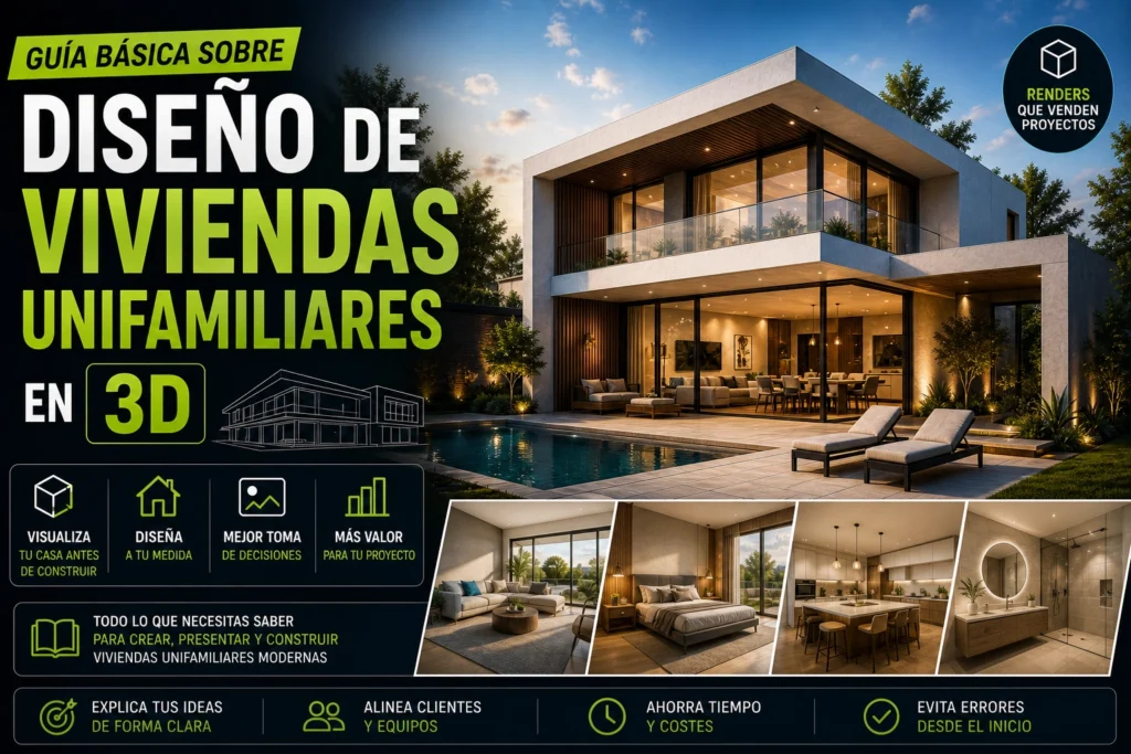 Diseño de viviendas unifamiliares en 3D mostrando casa moderna renderizada con iluminación realista y espacios interiores contemporáneos
