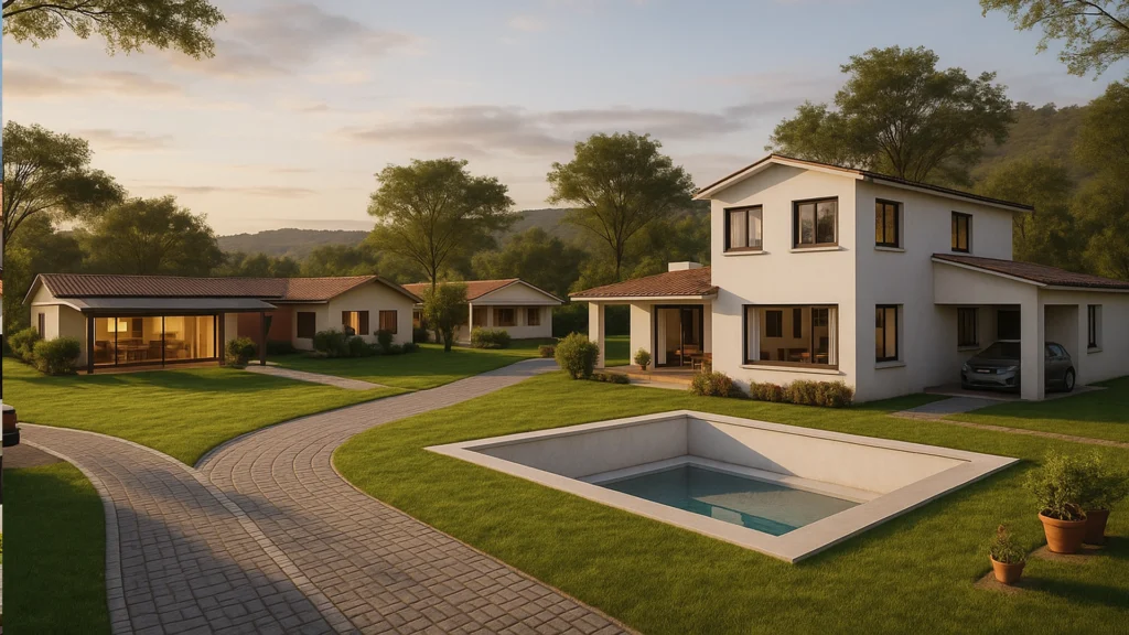 Render 3D de una casa moderna en Guayllabamba, rodeada de vegetación, jardines amplios y arquitectura contemporánea bajo luz cálida al atardecer. Imagen ideal para proyectos inmobiliarios y visualización arquitectónica.