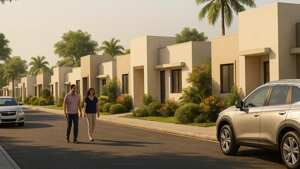 Render 3D de urbanización moderna en Isidro Ayora, Ecuador con adultos y coches