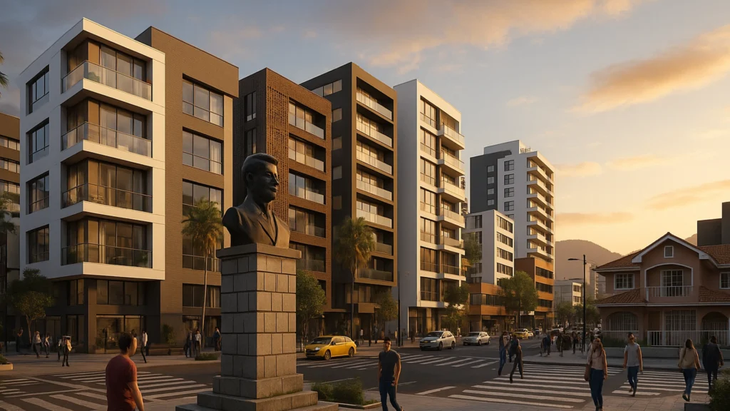 Render 3D de La Mariscal en Quito con edificios modernos, estatua central y actividad urbana al atardecer