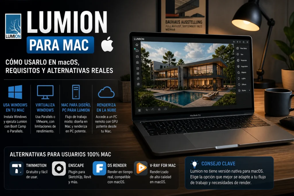 Lumion para Mac mostrando uso en macOS con portátil Apple y render arquitectónico junto a opciones como Windows y alternativas