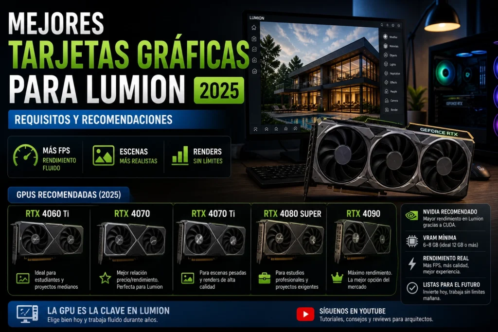 Mejores tarjetas gráficas para Lumion en 2025 mostrando GPU RTX y render arquitectónico en pantalla para alto rendimiento