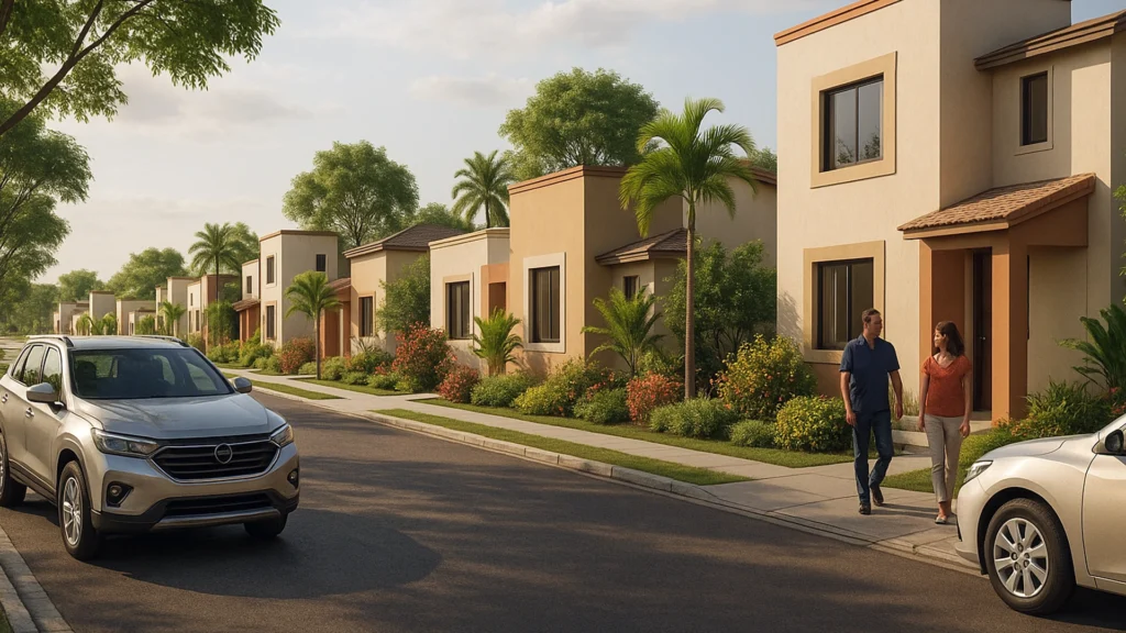 Render 3D de urbanización moderna en Pedro Carbo, Ecuador con adultos y coches