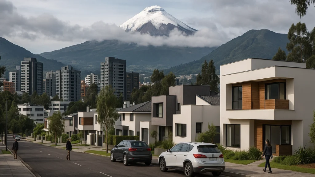 Vista residencial en Pichincha con casas modernas, edificios urbanos de Quito al fondo y el volcán Cotopaxi nevado elevándose sobre la cordillera andina. Cielo nublado típico de la Sierra, personas adultas caminando y autos estacionados en un barrio contemporáneo.