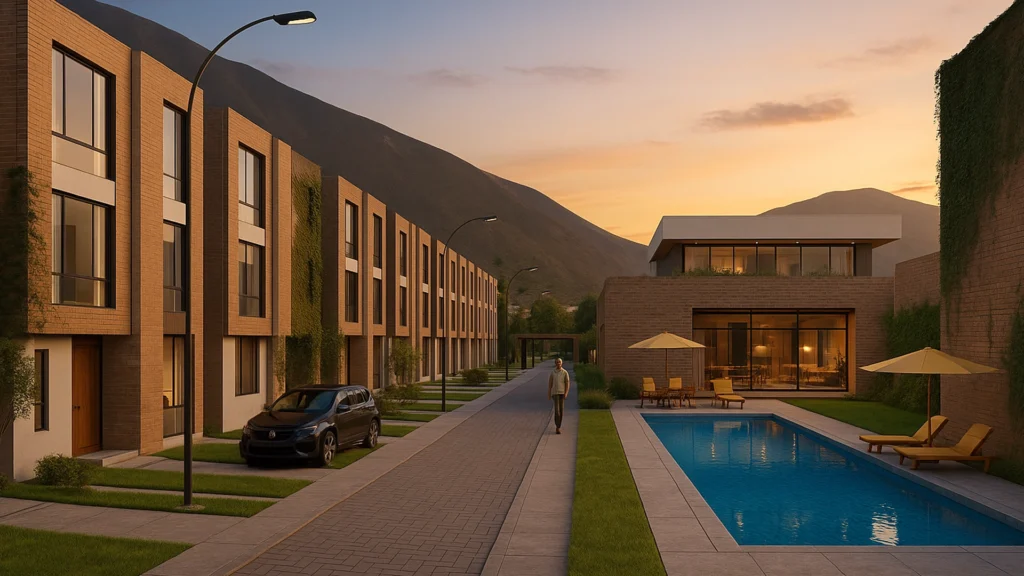 Render 3D de una urbanización moderna en Pomasqui, con casas de estilo contemporáneo, piscina comunal, jardines y vista hacia las lomas características de la zona. Imagen profesional ideal para proyectos inmobiliarios y arquitectura residencial.