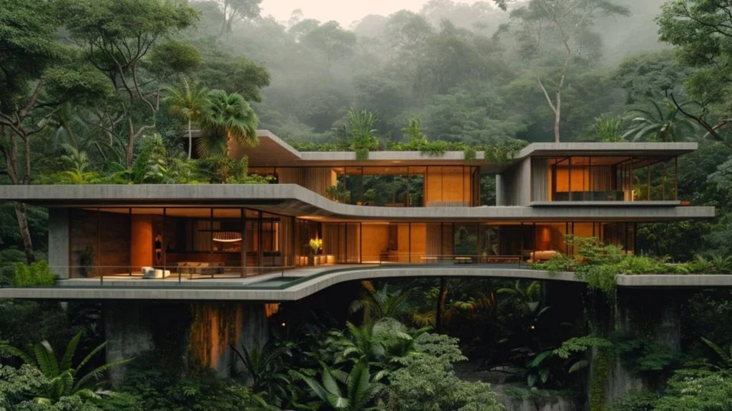 Render arquitectónico 3D de una casa contemporánea rodeada de bosque nublado en Mindo. Diseño ecológico con grandes ventanales, terrazas y vegetación integrada. Ideal para proyectos de turismo, cabañas, lodges y desarrollos inmobiliarios en zonas naturales del Ecuador.