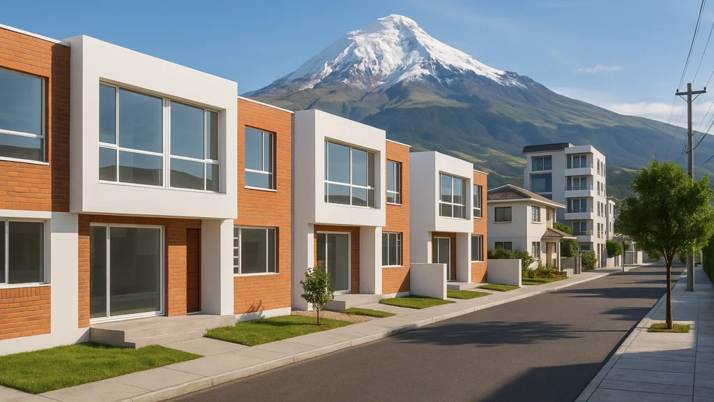 Render 3D de casas modernas en Cayambe con el volcán Cayambe nevado al fondo, arquitectura contemporánea y entorno andino