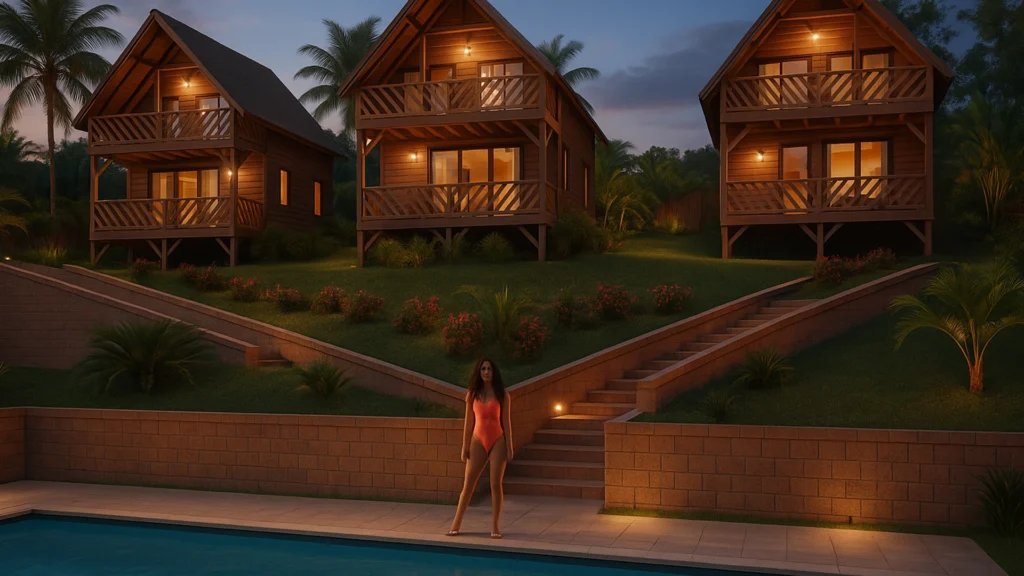 Render 3D de cabañas turísticas modernas de madera en Pedro Vicente Maldonado, con piscina, jardines tropicales y cielo al atardecer.