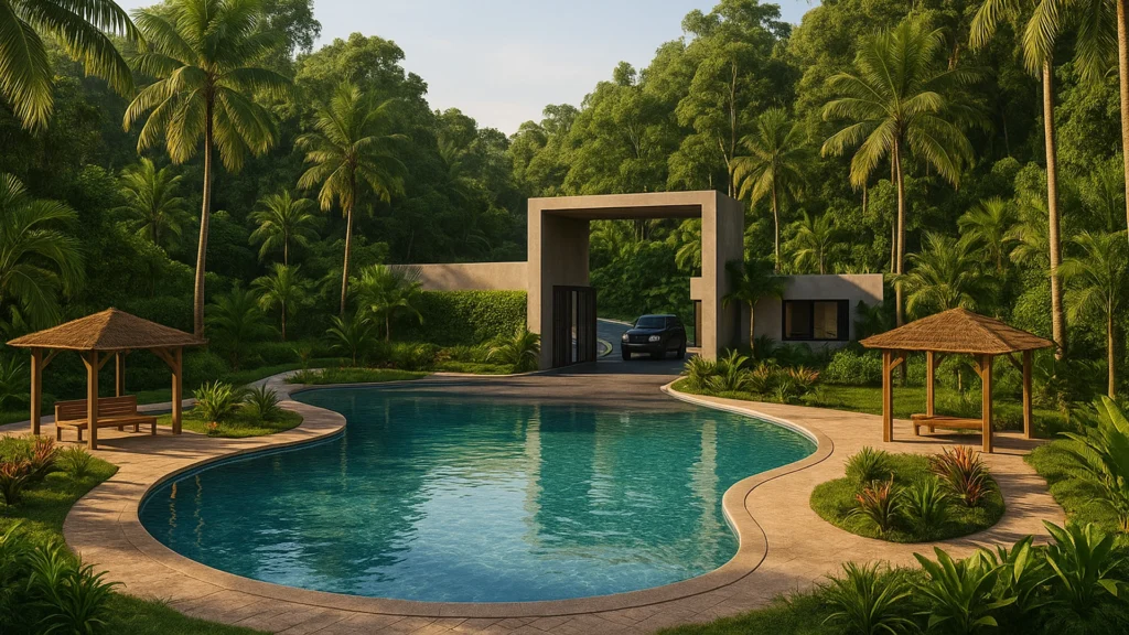 Render 3D de urbanización tipo resort en Puerto Quito, con piscina tropical, palmeras, áreas verdes y acceso principal moderno rodeado de selva