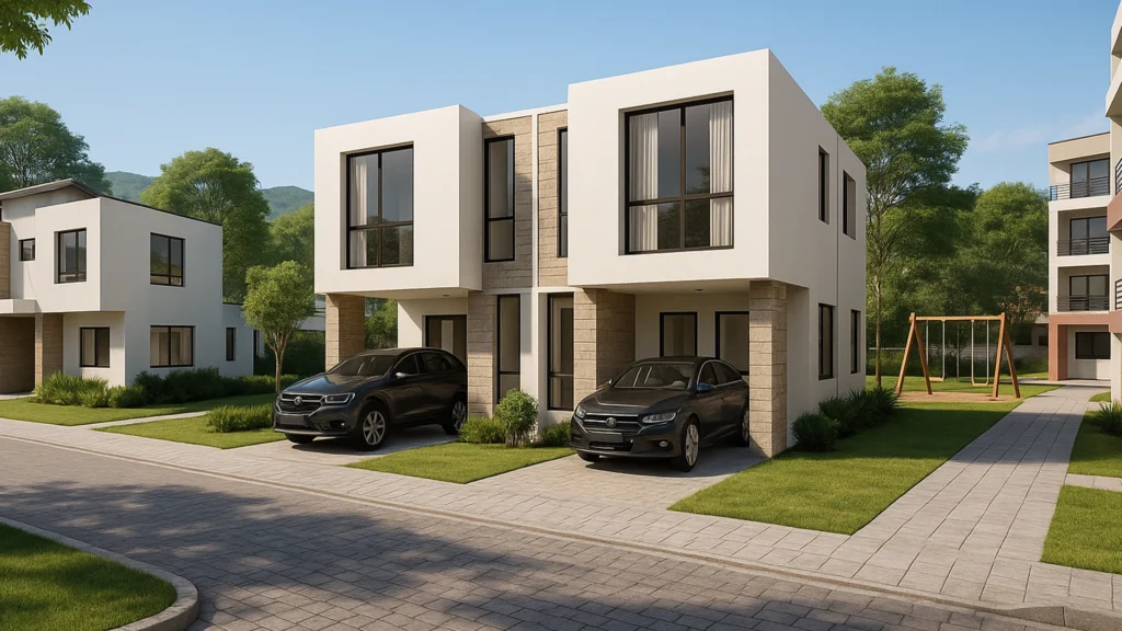 magen inspirada en los conjuntos residenciales de Rumiñahui, con casas modernas de dos pisos, fachadas blancas y piedra, parque infantil y un entorno suburbano cerca de Quito.