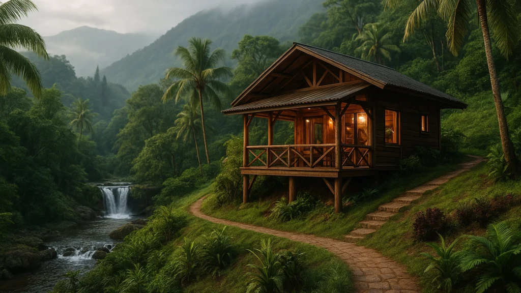 Render 3D de una cabaña ecológica en San Miguel de los Bancos, rodeada de selva tropical, palmeras, río y una cascada.