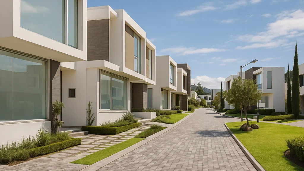Render 3D de urbanización moderna en Tumbaco con casas de estilo minimalista y áreas verdes