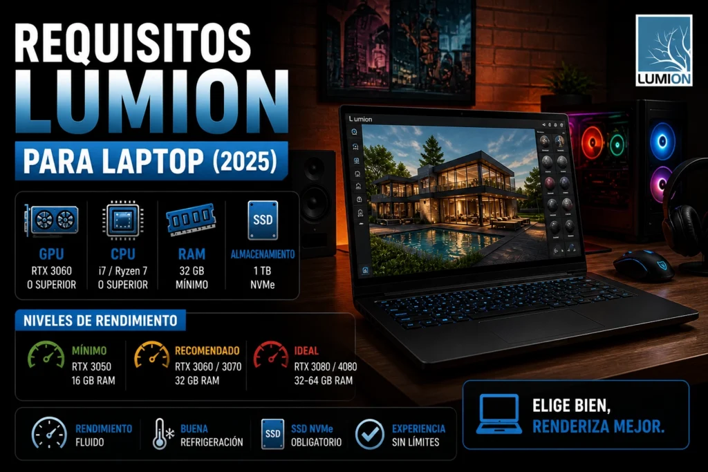 Requisitos de Lumion para laptop en 2025 mostrando portátil con render arquitectónico y especificaciones básicas de GPU, RAM y CPU