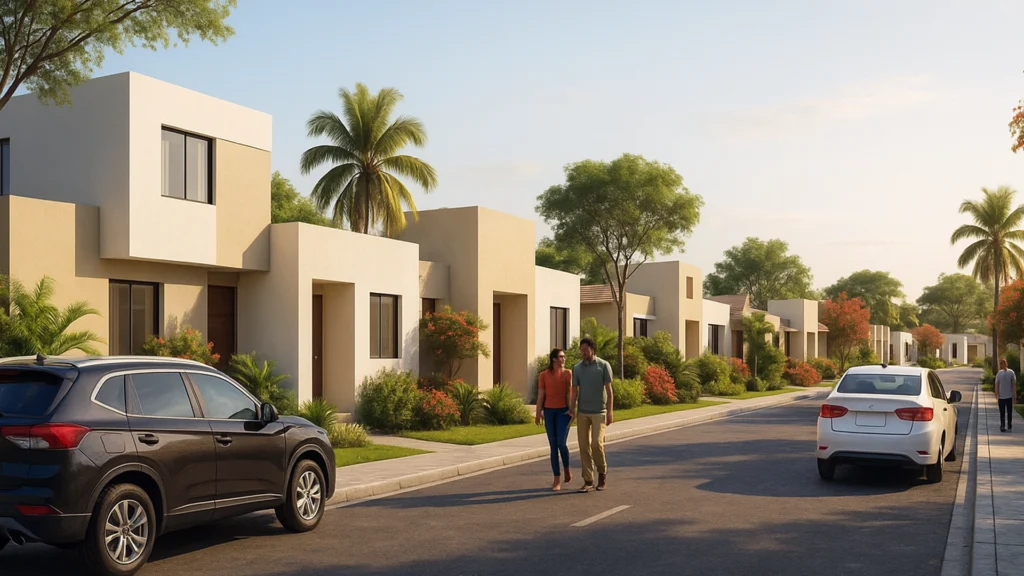 Render 3D de urbanización moderna en Salitre, Ecuador con adultos y coches