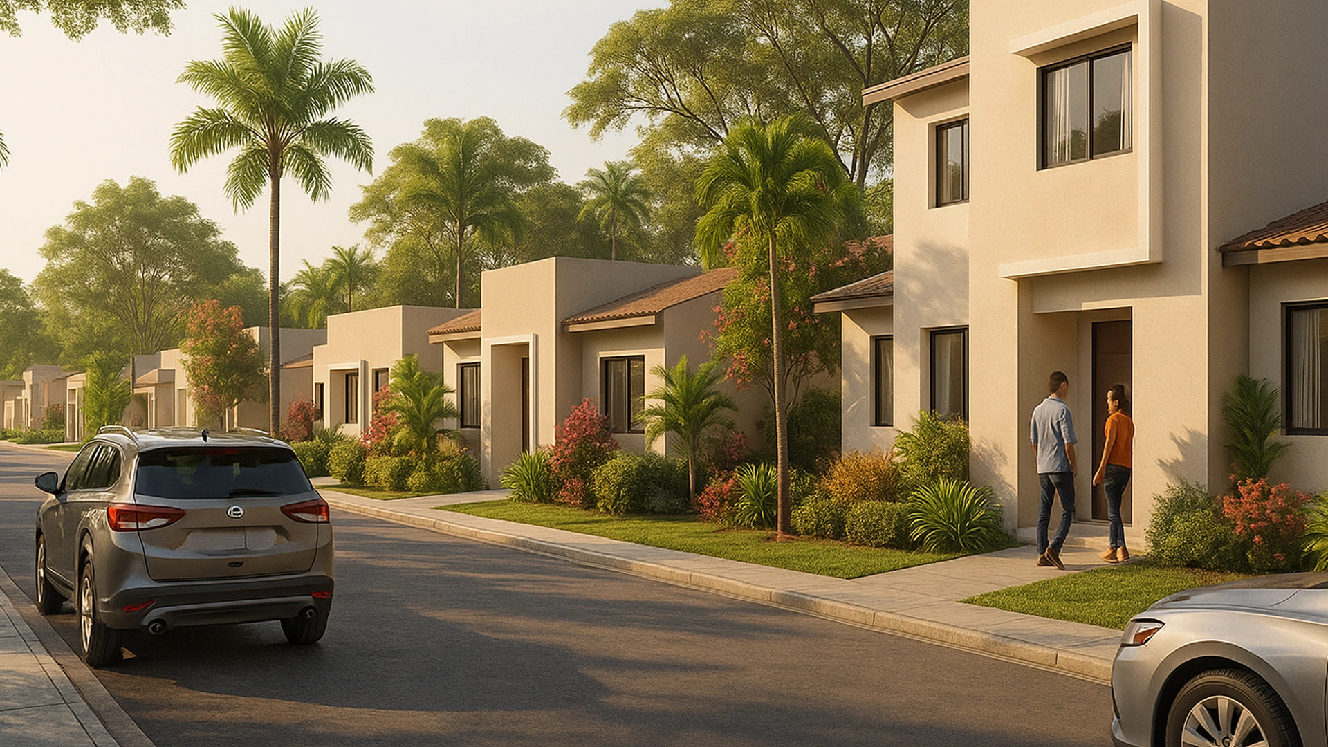 Render 3D de urbanización moderna en Santa Lucía, Ecuador con adultos y coches