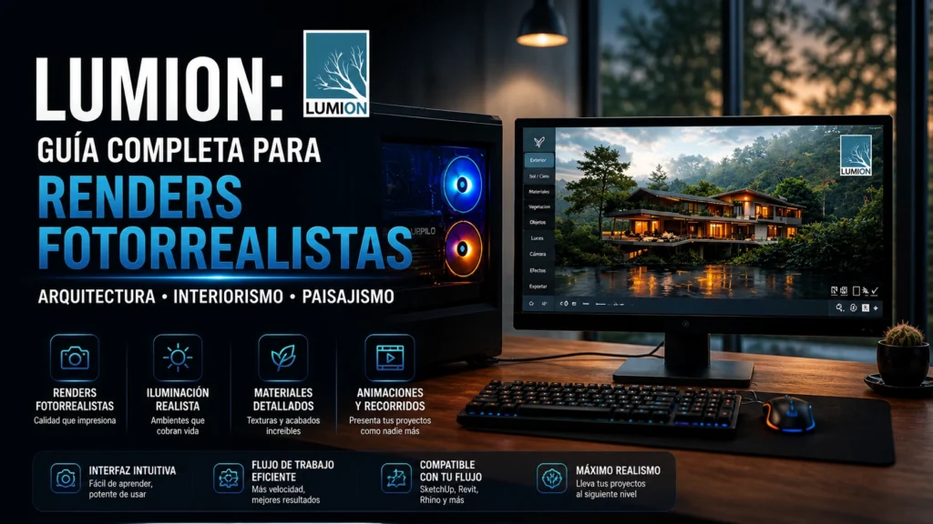 Todas las versiones de Lumion desde 2019 hasta 2026 mostrando render arquitectónico en pantalla y comparativa de evolución del software