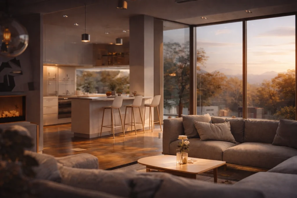 Render interior hiperrealista con iluminación de atardecer en espacio moderno abierto