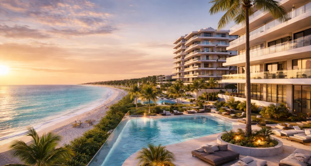 Renders 3D en Manta de proyecto inmobiliario frente al mar con edificios modernos y áreas comunes