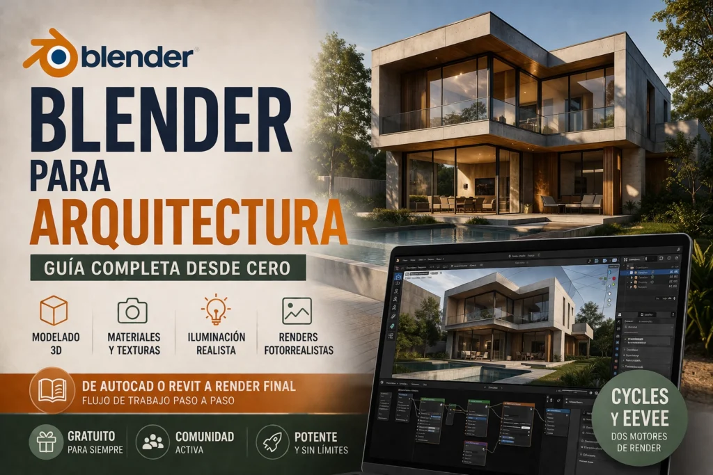 Blender para arquitectura mostrando flujo de trabajo y renderizado fotorrealista en proyectos arquitectónicos
