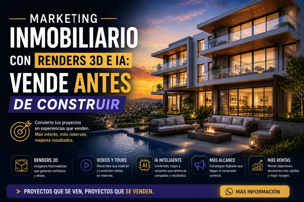 Marketing inmobiliario con renders 3D e IA para vender proyectos antes de construir mostrando edificio moderno en render fotorrealista