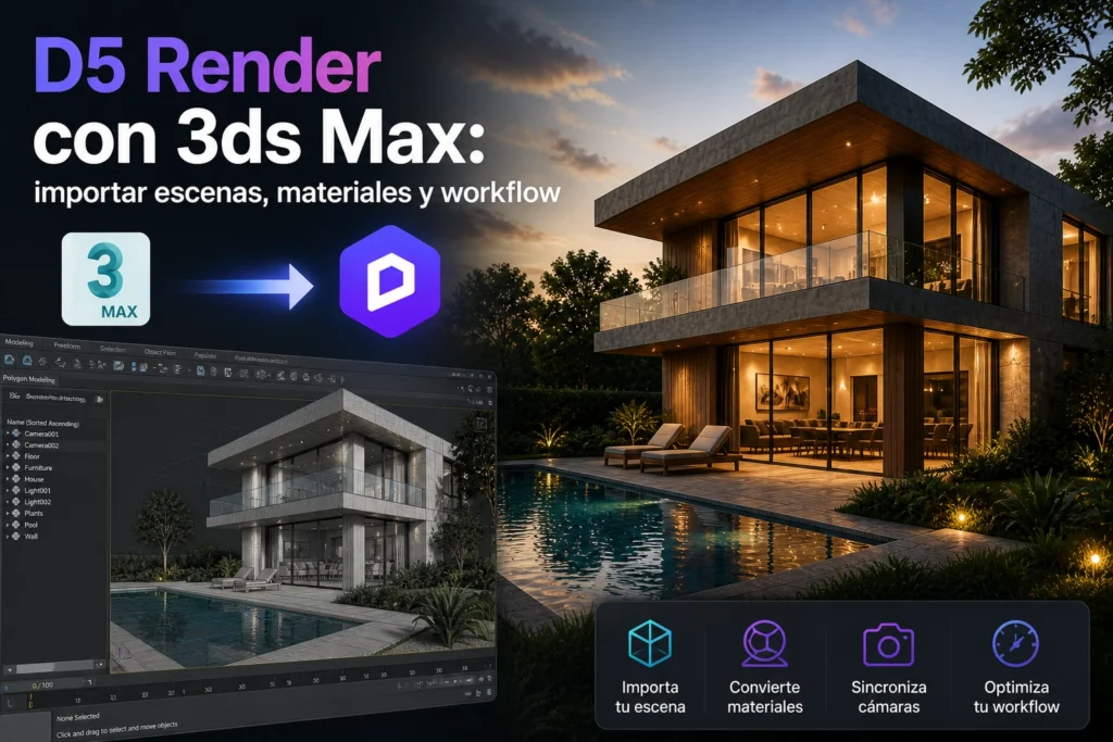 D5 Render con 3ds Max: flujo de trabajo de importación de escenas y materiales en visualización arquitectónica