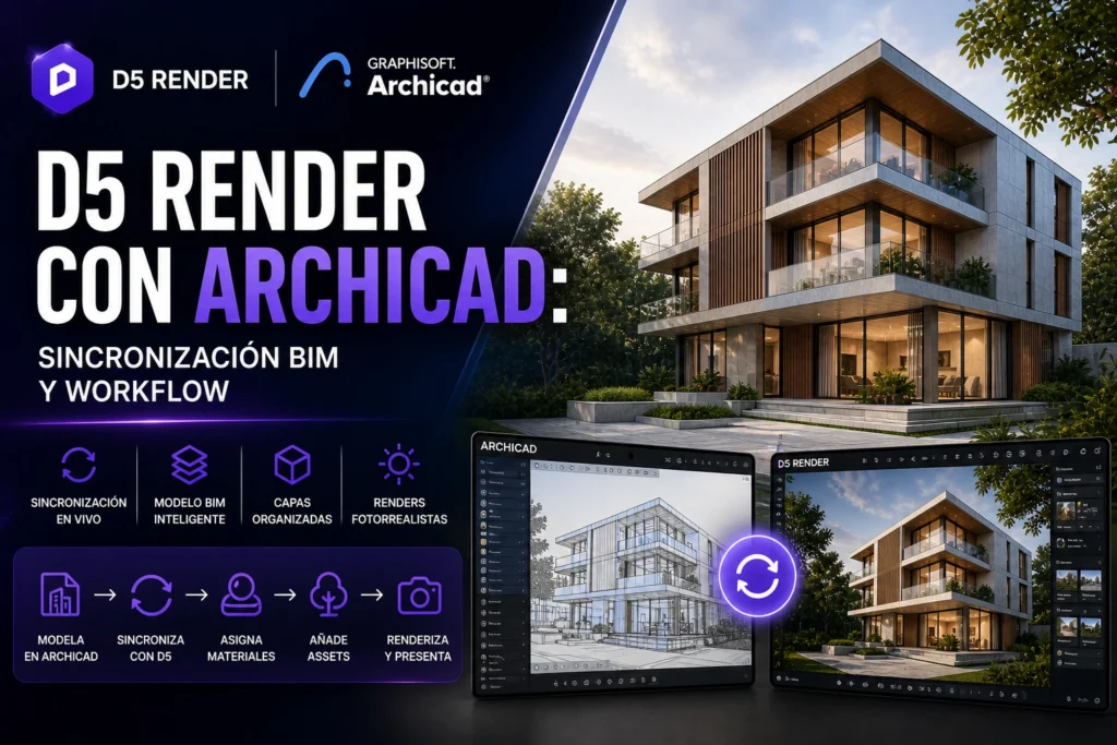 Integración de D5 Render con ArchiCAD mostrando sincronización BIM y flujo de trabajo para visualización arquitectónica