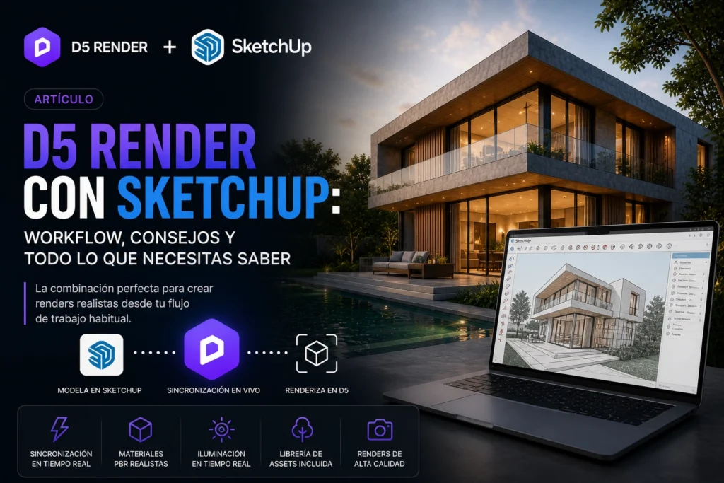 Integración de D5 Render con SketchUp mostrando flujo de trabajo de modelado y renderizado en arquitectura 3D