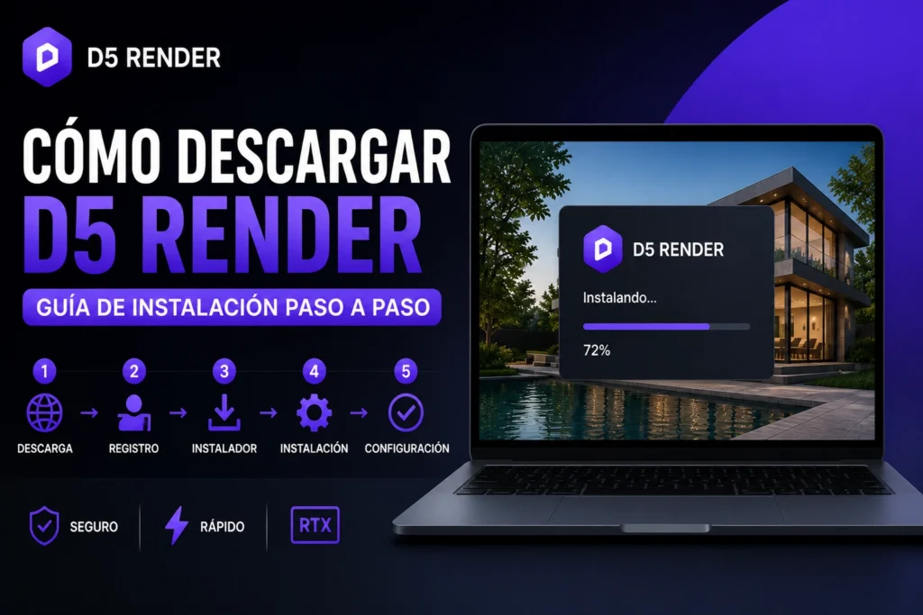 Instalación de D5 Render en ordenador mostrando proceso de descarga y configuración inicial para renderizado arquitectónico