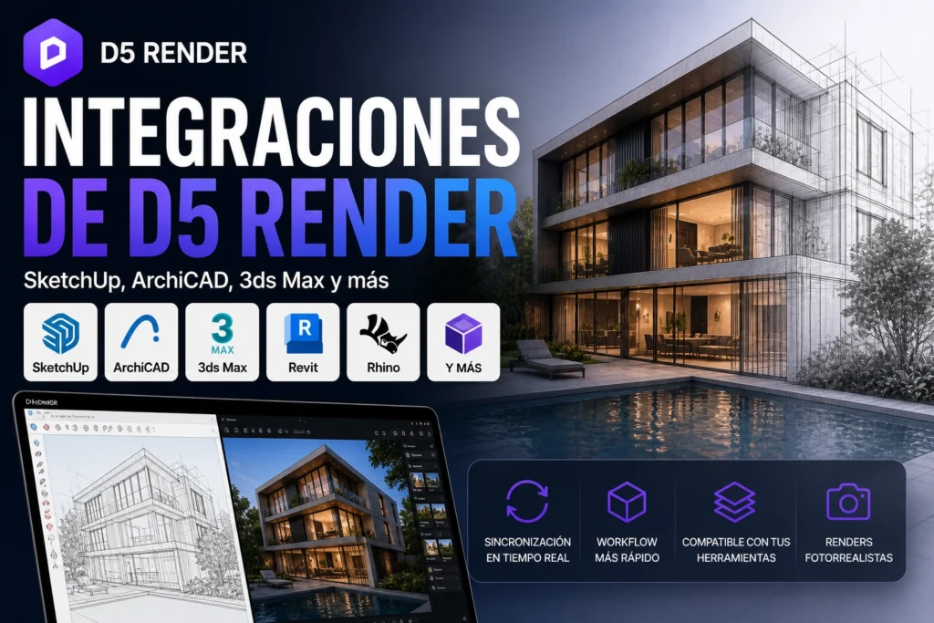 Integraciones de D5 Render con SketchUp, ArchiCAD y 3ds Max mostrando flujo de trabajo en visualización arquitectónica