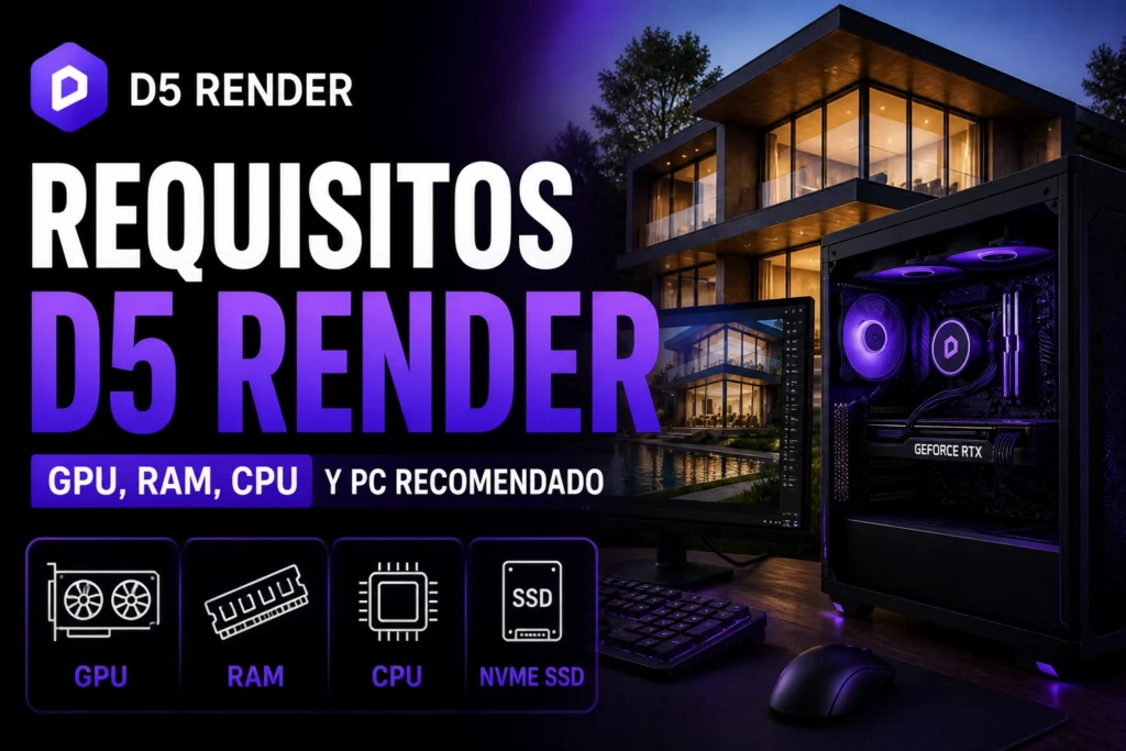 Requisitos de D5 Render con GPU, RAM y CPU recomendados para renderizado arquitectónico en tiempo real
