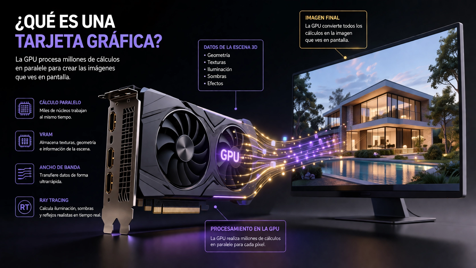 Esquema de cómo funciona una tarjeta gráfica procesando datos para render 3D y visualización arquitectónica