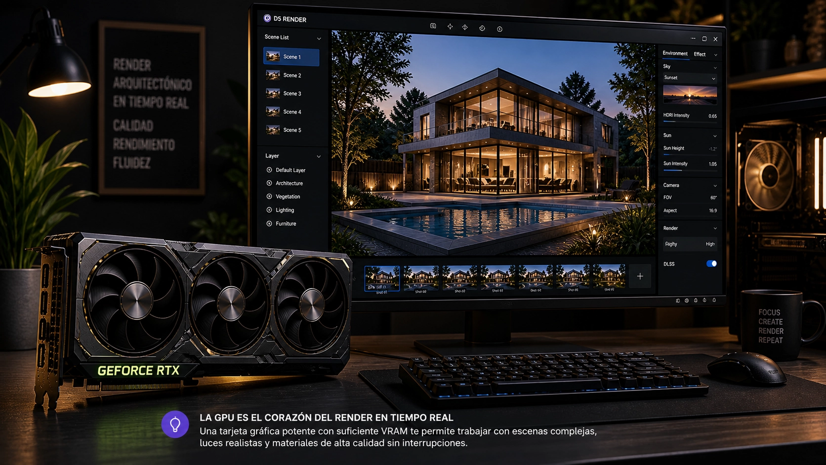 Tarjeta gráfica para render arquitectónico mostrando visualización 3D en tiempo real en pantalla profesional