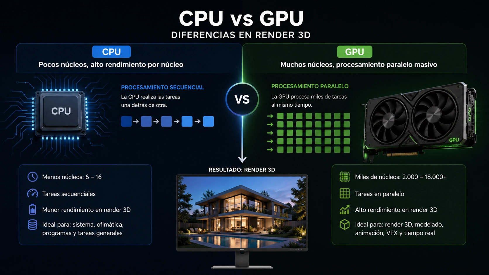 Comparación entre CPU y GPU mostrando diferencias en render 3D y procesamiento paralelo