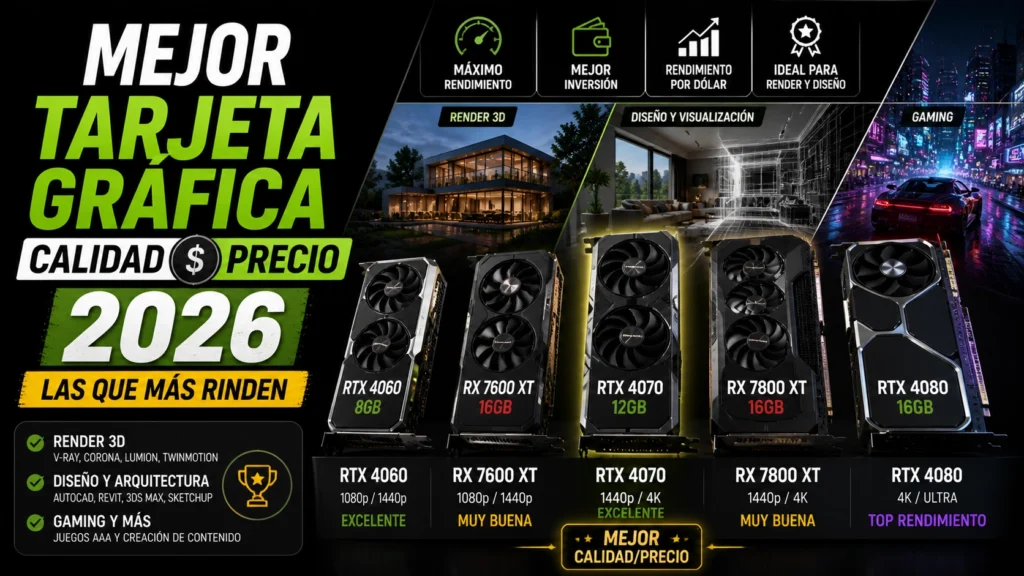 Mejor tarjeta gráfica calidad precio 2026 mostrando GPUs modernas con comparativa de rendimiento para render 3D, diseño y gaming en arquitectura