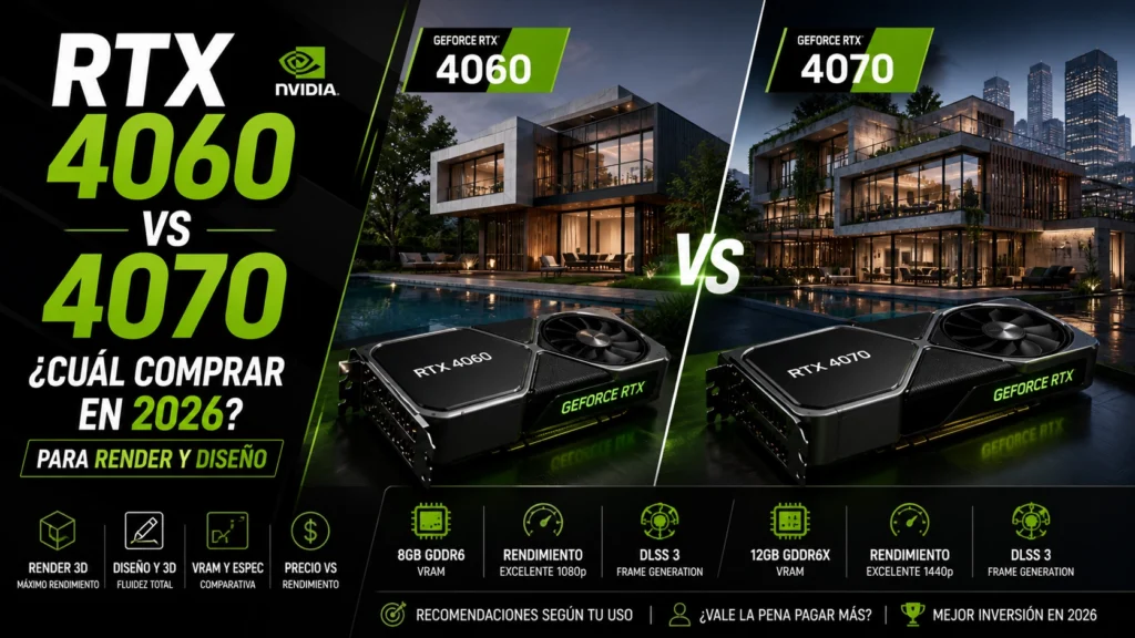 RTX 4060 vs RTX 4070 comparativa mostrando diferencias de rendimiento en render 3D, diseño y gaming con escenas arquitectónicas y GPUs NVIDIA