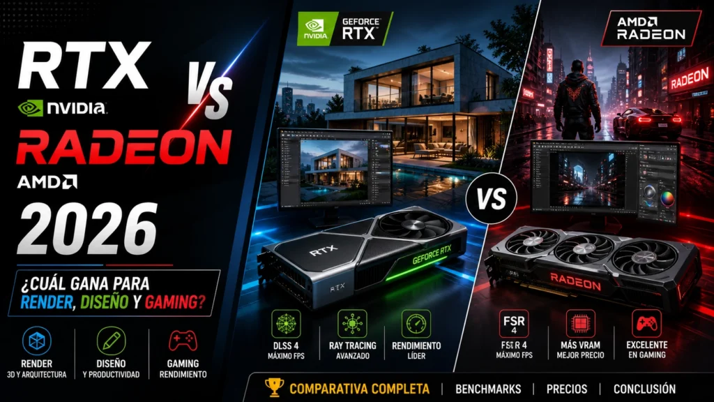 RTX vs Radeon 2026 comparativa mostrando tarjetas gráficas NVIDIA y AMD para render, diseño 3D y gaming con escenas arquitectónicas y rendimiento gráfico
