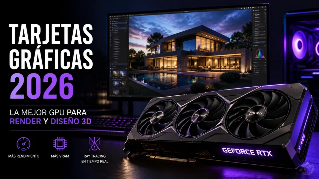 Tarjeta gráfica RTX para render 3D mostrando visualización arquitectónica en pantalla, guía de GPU 2026