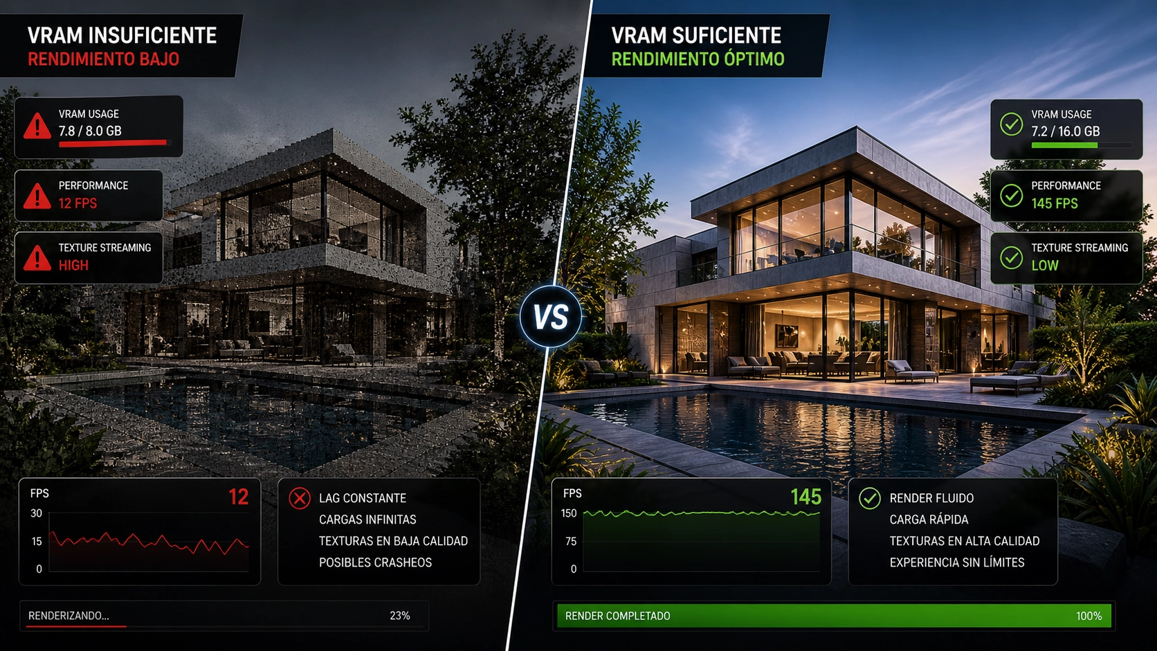 Comparación entre render saturado por falta de VRAM y render fluido con tarjeta gráfica potente en arquitectura